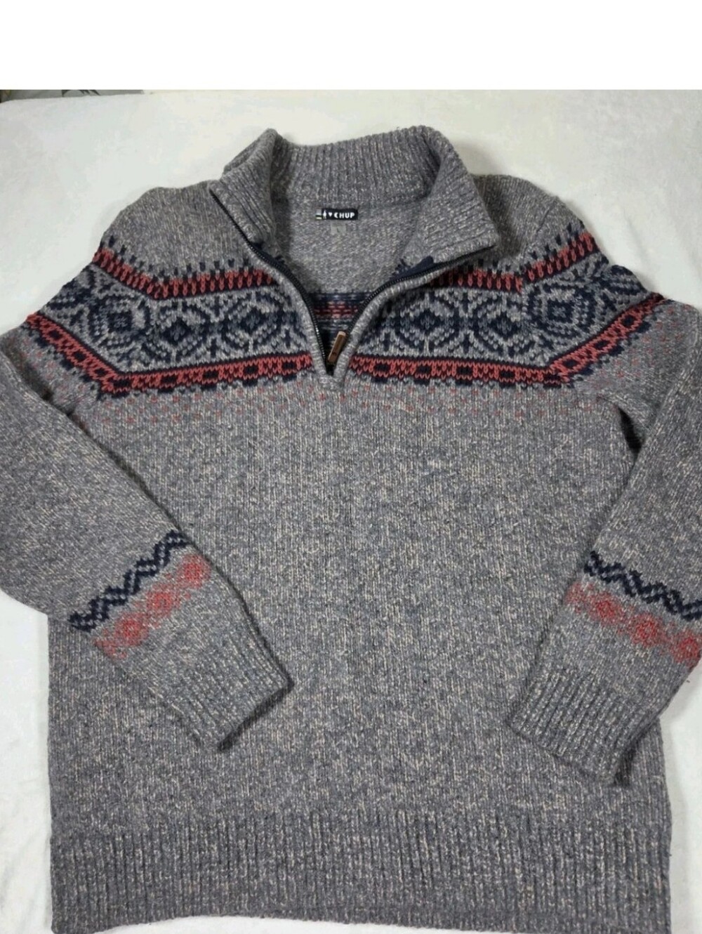 Smart Wool CHUP Fair Isle Sweater Unisex Quarter Zip Gray Wool Large Cabincore